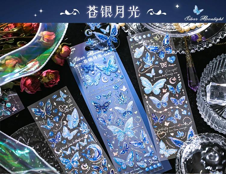 3 pcs laser Butterfly PET Stickers Decorative Diy Scrapbooking Collage material Planner Stationery Craft Supplies