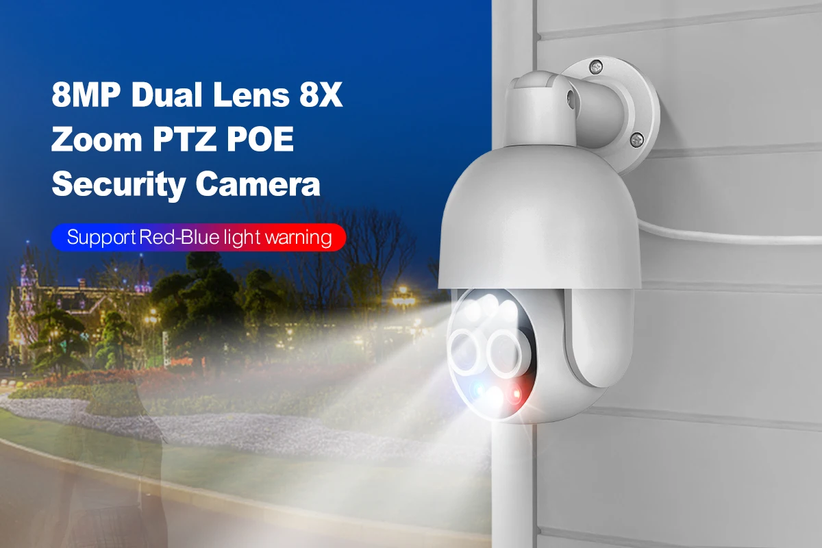 Techage PTZ 4K 8MP POE Camera 8X Hybrid Zoom 2.8mm 12mm Dual Lens Two Way Audio Color Night Vision Human Detection POE IP Camera
