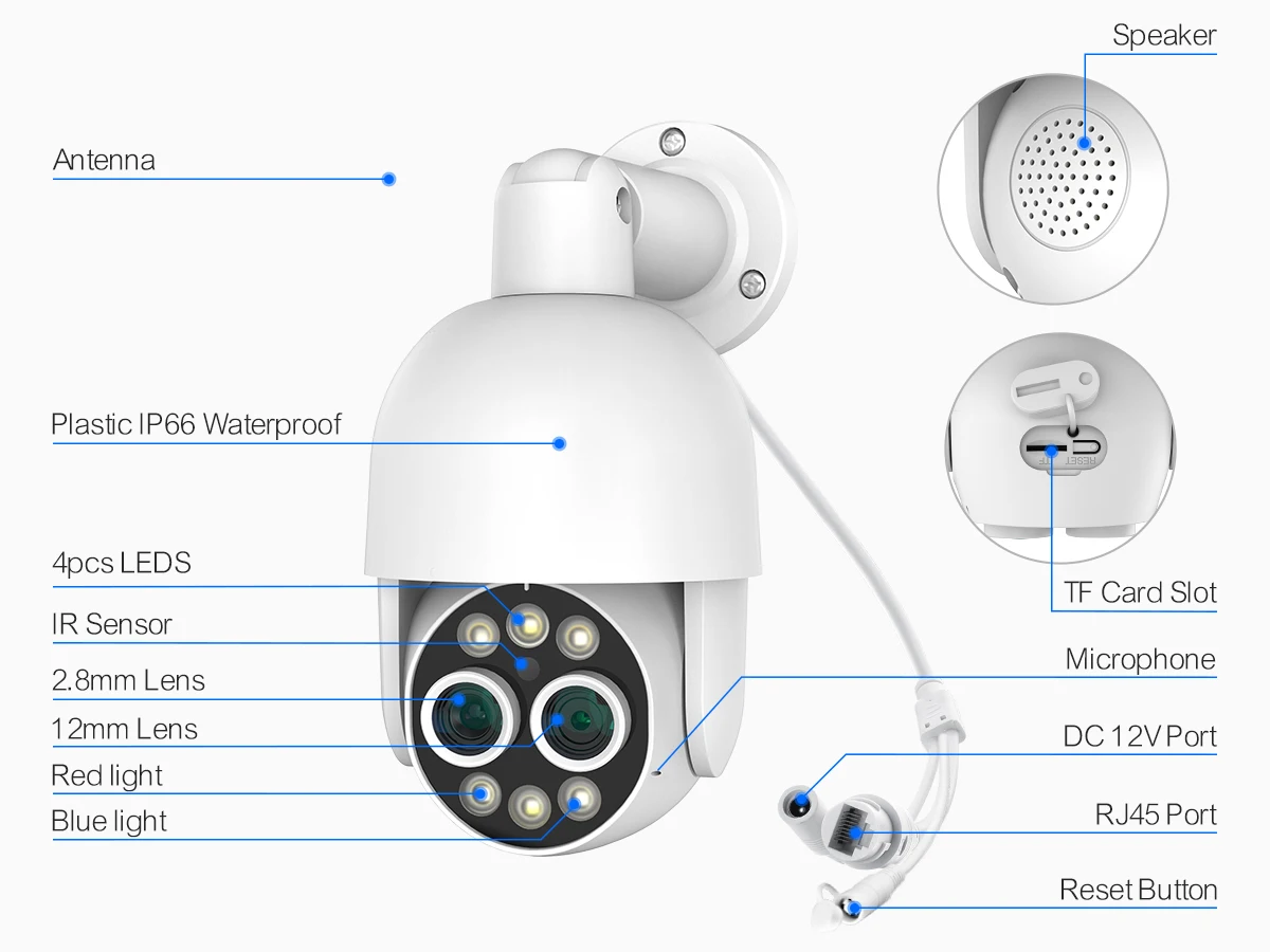Techage PTZ 4K 8MP POE Camera 8X Hybrid Zoom 2.8mm 12mm Dual Lens Two Way Audio Color Night Vision Human Detection POE IP Camera