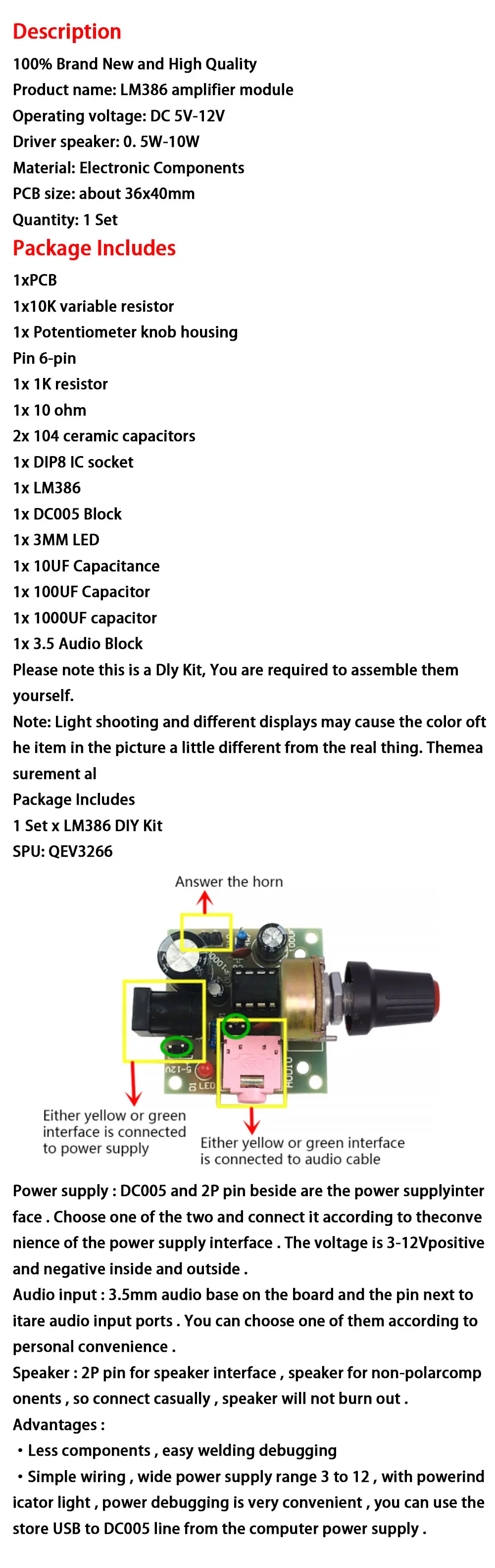 LM386 Mini Audio Amplifier DIY Kit 3.5mm 3V-12V Power Amplifier Suite Trousse Amplificador Module Board Beyond TDA2030