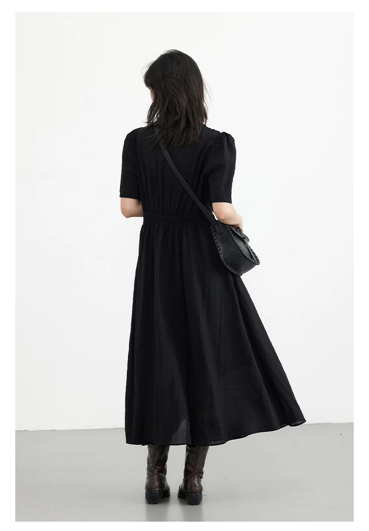 CHIC VEN Women Dresses French Style Vintage V-neck Puff Sleeve Long Dress Solid Black Loose Female Clothing Summer New 2023
