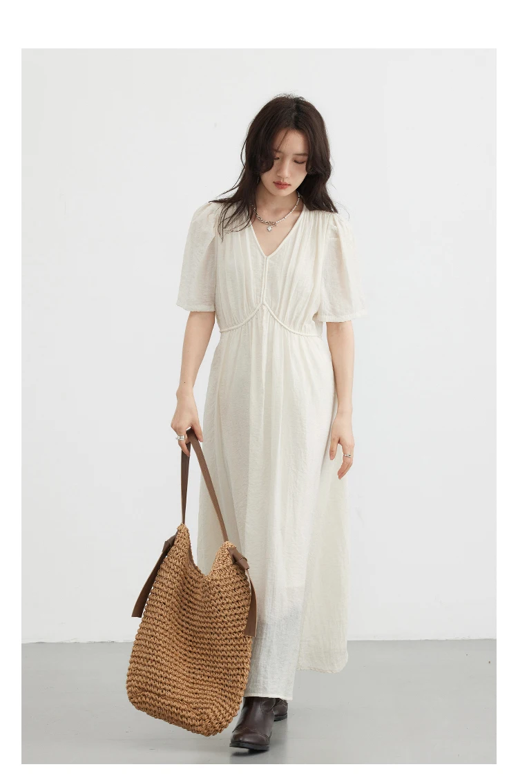 CHIC VEN Women Dresses French Style Vintage V-neck Puff Sleeve Long Dress Solid Black Loose Female Clothing Summer New 2023
