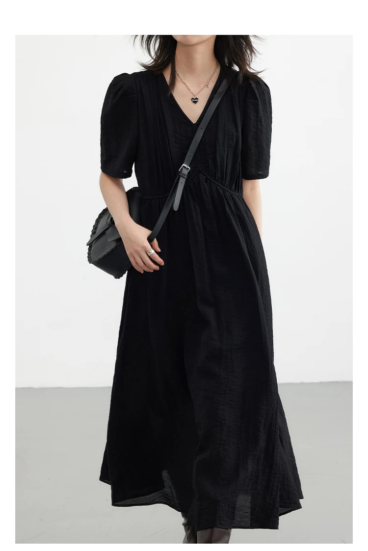 CHIC VEN Women Dresses French Style Vintage V-neck Puff Sleeve Long Dress Solid Black Loose Female Clothing Summer New 2023
