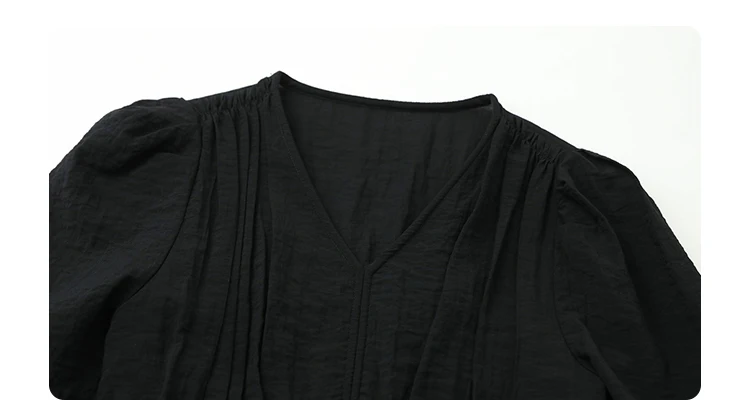CHIC VEN Women Dresses French Style Vintage V-neck Puff Sleeve Long Dress Solid Black Loose Female Clothing Summer New 2023
