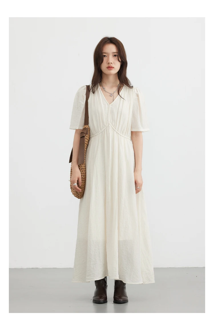 CHIC VEN Women Dresses French Style Vintage V-neck Puff Sleeve Long Dress Solid Black Loose Female Clothing Summer New 2023