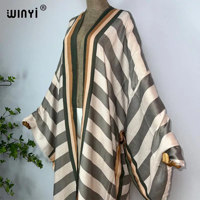 WINYI Kimono Africa Summer Boho Stripe Print Beach Swimwear Elegant Cardigan Sexy Holiday Maxi Beach Wear Swimsuit Evening Dress