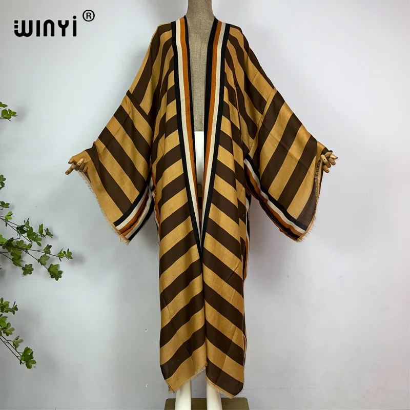 WINYI Kimono Africa Summer Boho Stripe Print Beach Swimwear Elegant Cardigan Sexy Holiday Maxi Beach Wear Swimsuit Evening Dress