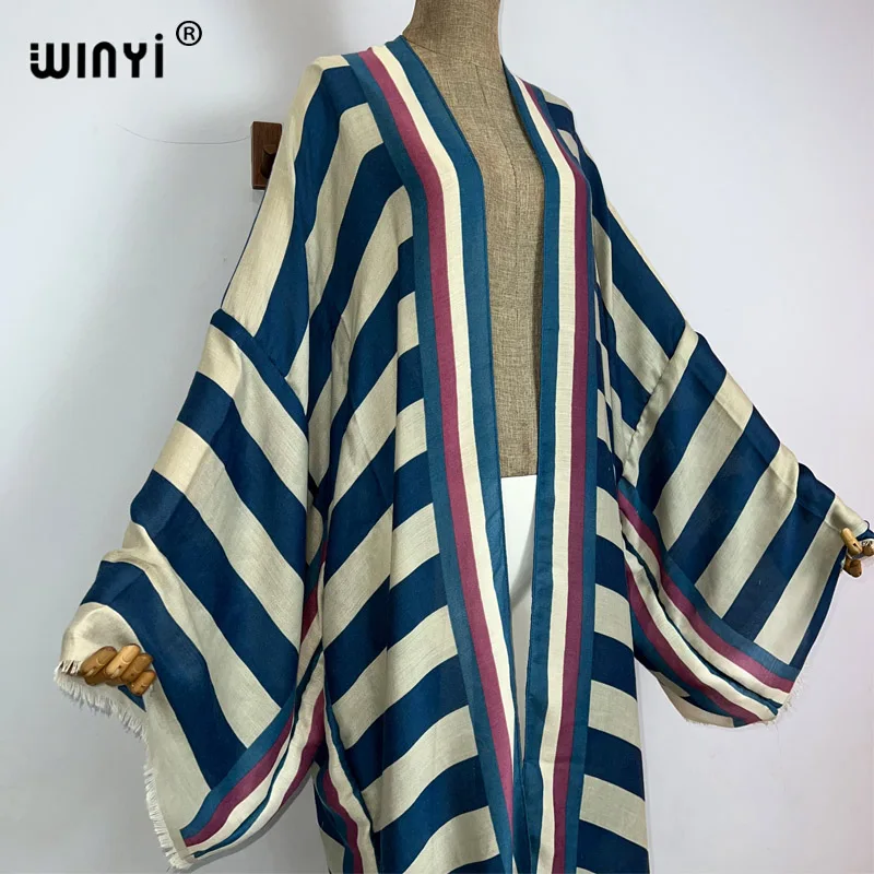 WINYI Kimono Africa Summer Boho Stripe Print Beach Swimwear Elegant Cardigan Sexy Holiday Maxi Beach Wear Swimsuit Evening Dress