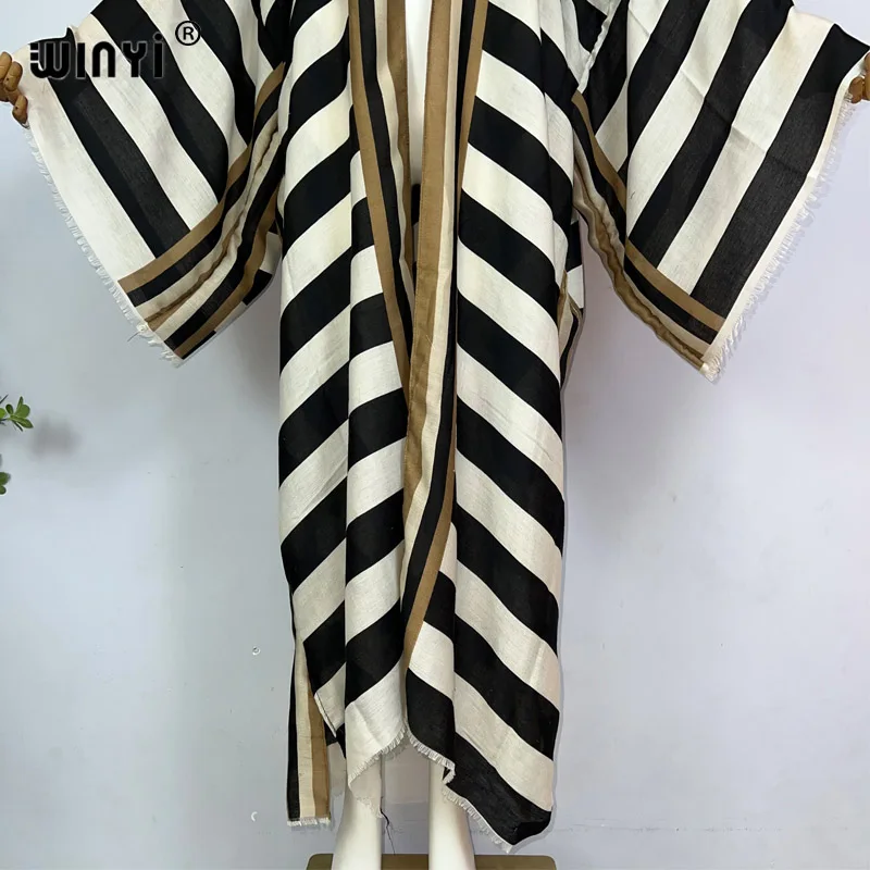 WINYI Kimono Africa Summer Boho Stripe Print Beach Swimwear Elegant Cardigan Sexy Holiday Maxi Beach Wear Swimsuit Evening Dress