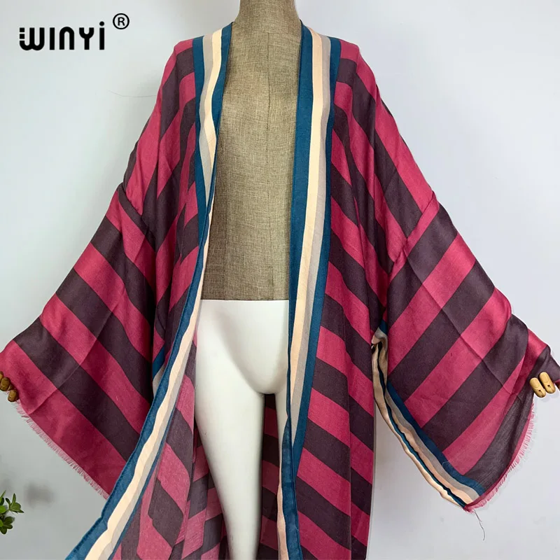 WINYI Kimono Africa Summer Boho Stripe Print Beach Swimwear Elegant Cardigan Sexy Holiday Maxi Beach Wear Swimsuit Evening Dress