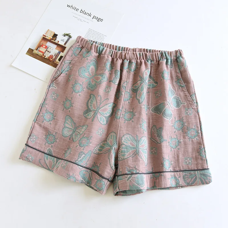 2026 Japanese Summer New Women's Shorts 100% Cotton Vintage Yarn Weaving Printed Sleepwear Thin Loose Pocket Shorts Home Pants