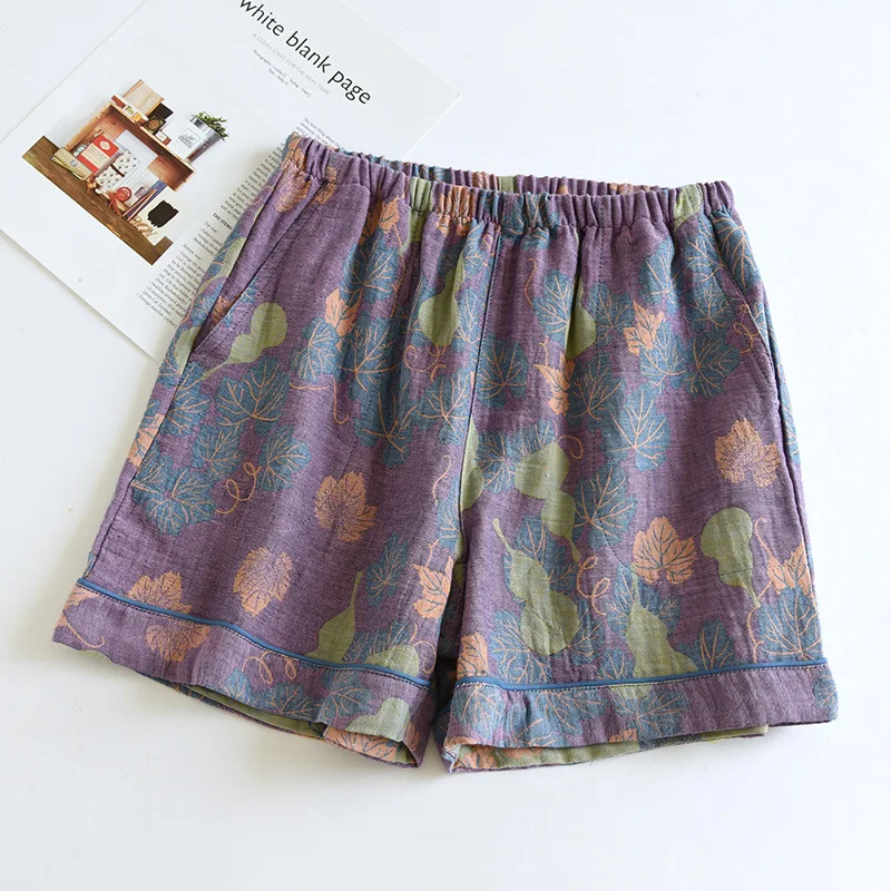 2026 Japanese Summer New Women's Shorts 100% Cotton Vintage Yarn Weaving Printed Sleepwear Thin Loose Pocket Shorts Home Pants
