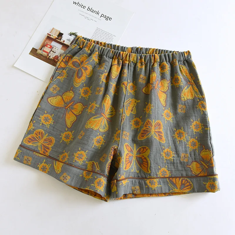 2026 Japanese Summer New Women's Shorts 100% Cotton Vintage Yarn Weaving Printed Sleepwear Thin Loose Pocket Shorts Home Pants