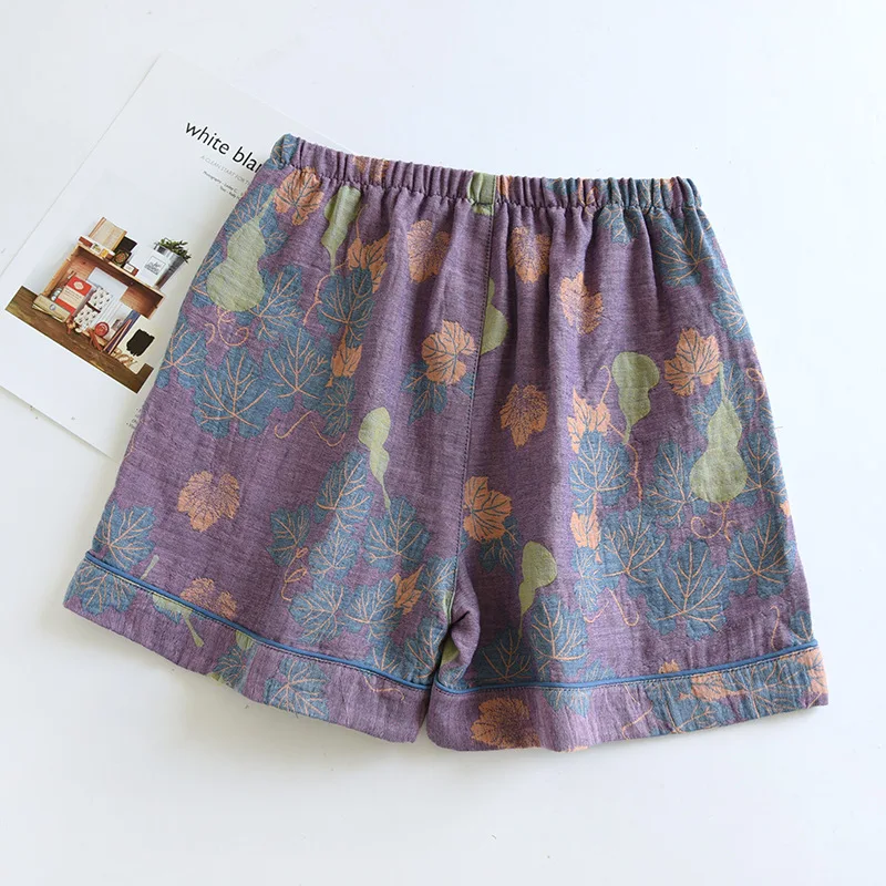 2026 Japanese Summer New Women's Shorts 100% Cotton Vintage Yarn Weaving Printed Sleepwear Thin Loose Pocket Shorts Home Pants
