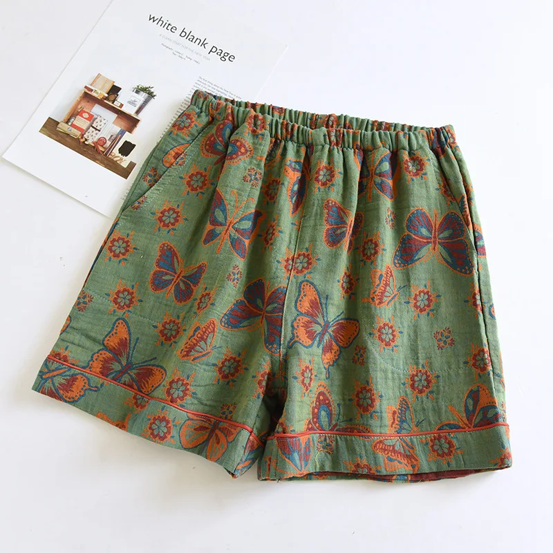 2026 Japanese Summer New Women's Shorts 100% Cotton Vintage Yarn Weaving Printed Sleepwear Thin Loose Pocket Shorts Home Pants
