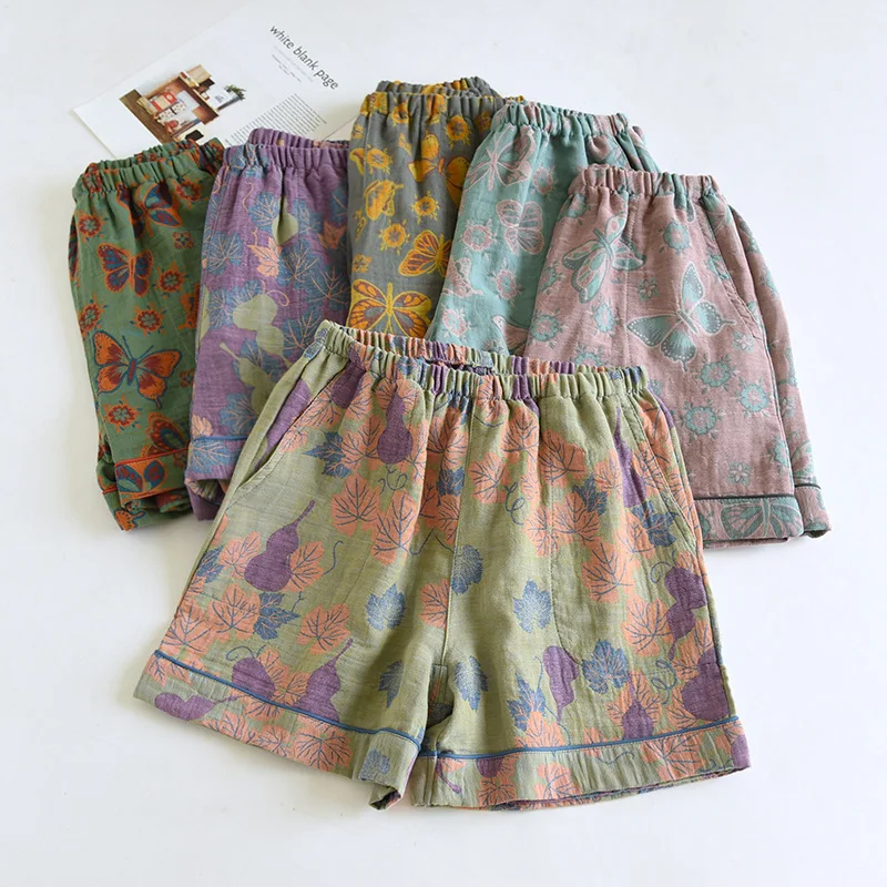 2026 Japanese Summer New Women's Shorts 100% Cotton Vintage Yarn Weaving Printed Sleepwear Thin Loose Pocket Shorts Home Pants