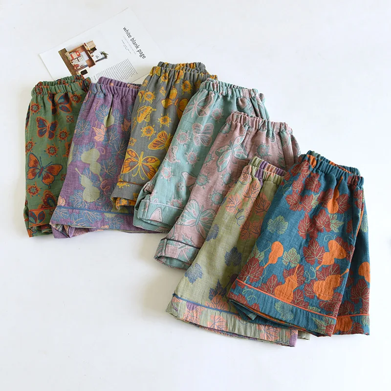 2026 Japanese Summer New Women's Shorts 100% Cotton Vintage Yarn Weaving Printed Sleepwear Thin Loose Pocket Shorts Home Pants