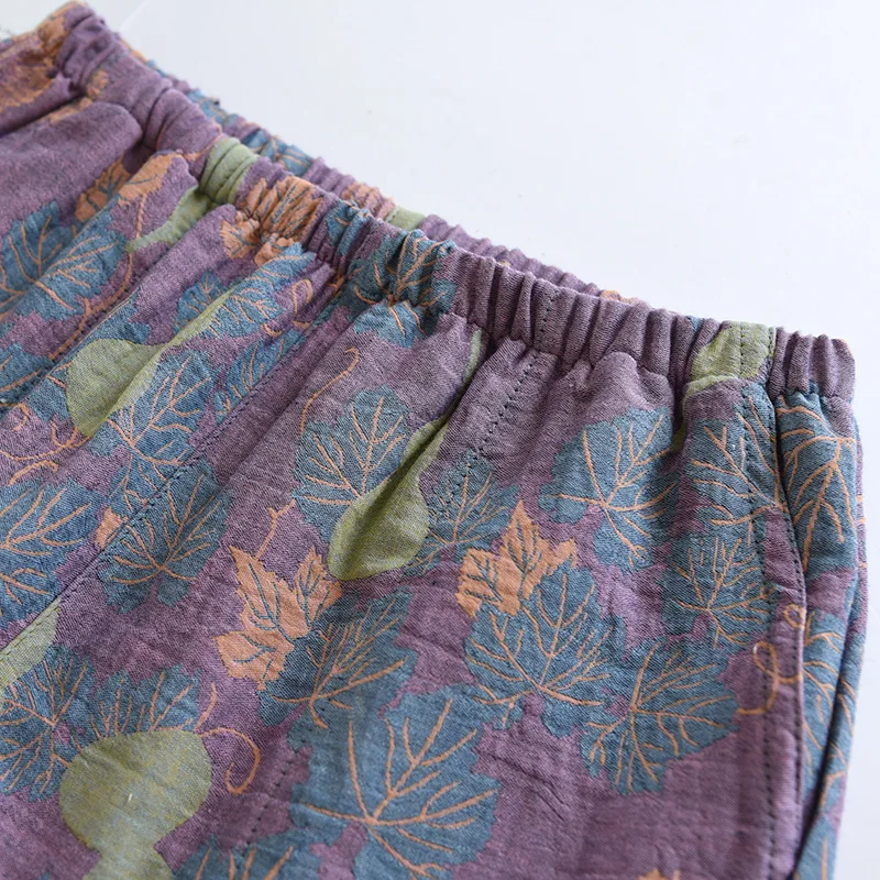 2026 Japanese Summer New Women's Shorts 100% Cotton Vintage Yarn Weaving Printed Sleepwear Thin Loose Pocket Shorts Home Pants