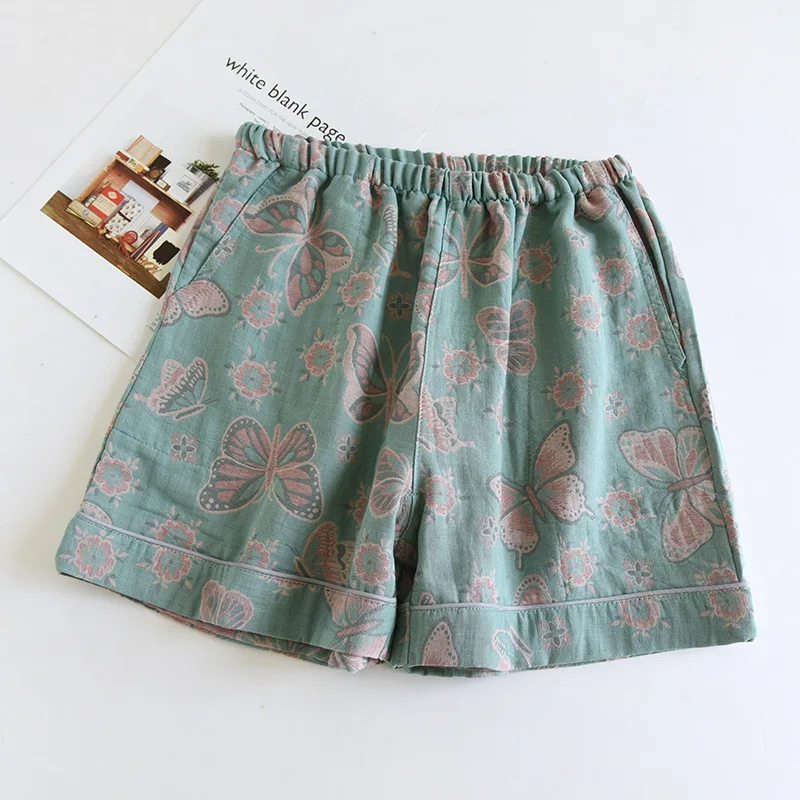 2026 Japanese Summer New Women's Shorts 100% Cotton Vintage Yarn Weaving Printed Sleepwear Thin Loose Pocket Shorts Home Pants