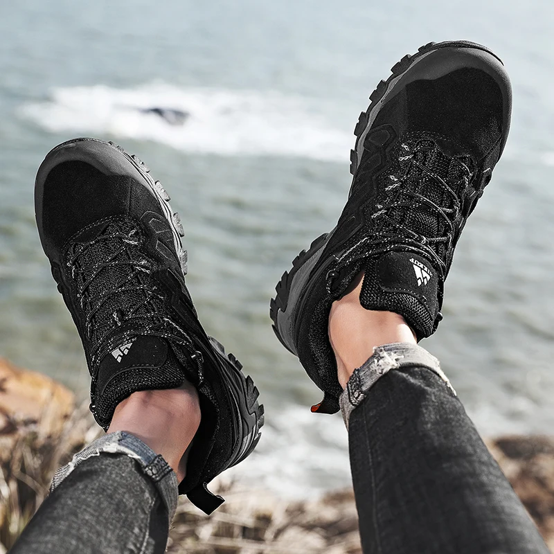 HIKEUP High Quality Leather Hiking Shoes Durable Outdoor Sport Men Trekking Leather Shoes Lace-Up Climbing Hunting Sneakers