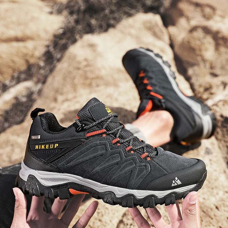 HIKEUP High Quality Leather Hiking Shoes Durable Outdoor Sport Men Trekking Leather Shoes Lace-Up Climbing Hunting Sneakers