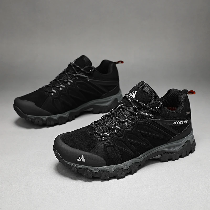 HIKEUP High Quality Leather Hiking Shoes Durable Outdoor Sport Men Trekking Leather Shoes Lace-Up Climbing Hunting Sneakers