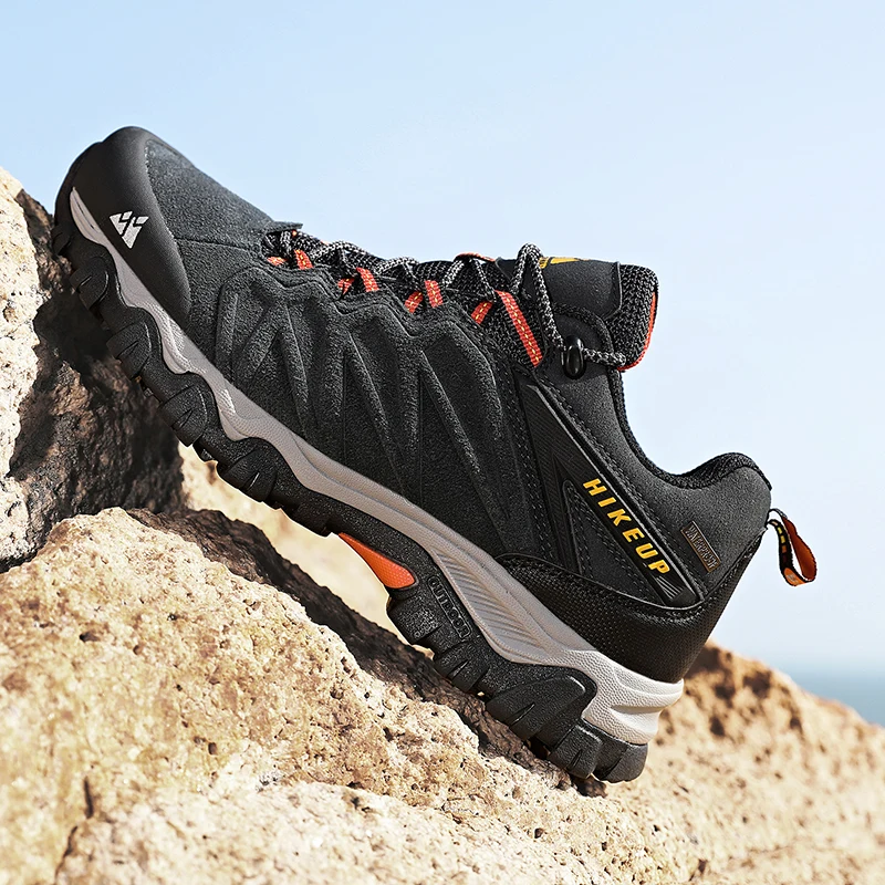 HIKEUP High Quality Leather Hiking Shoes Durable Outdoor Sport Men Trekking Leather Shoes Lace-Up Climbing Hunting Sneakers