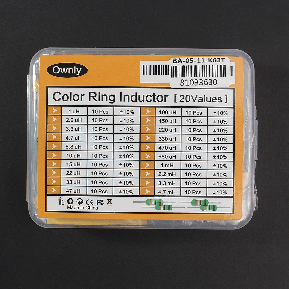 200PCS/Box 1uH~4.7mH 20Values 1/2W Color Ring Inductor Set, 0.5 Watt Power Inductor Assortment Kit for diy electronic