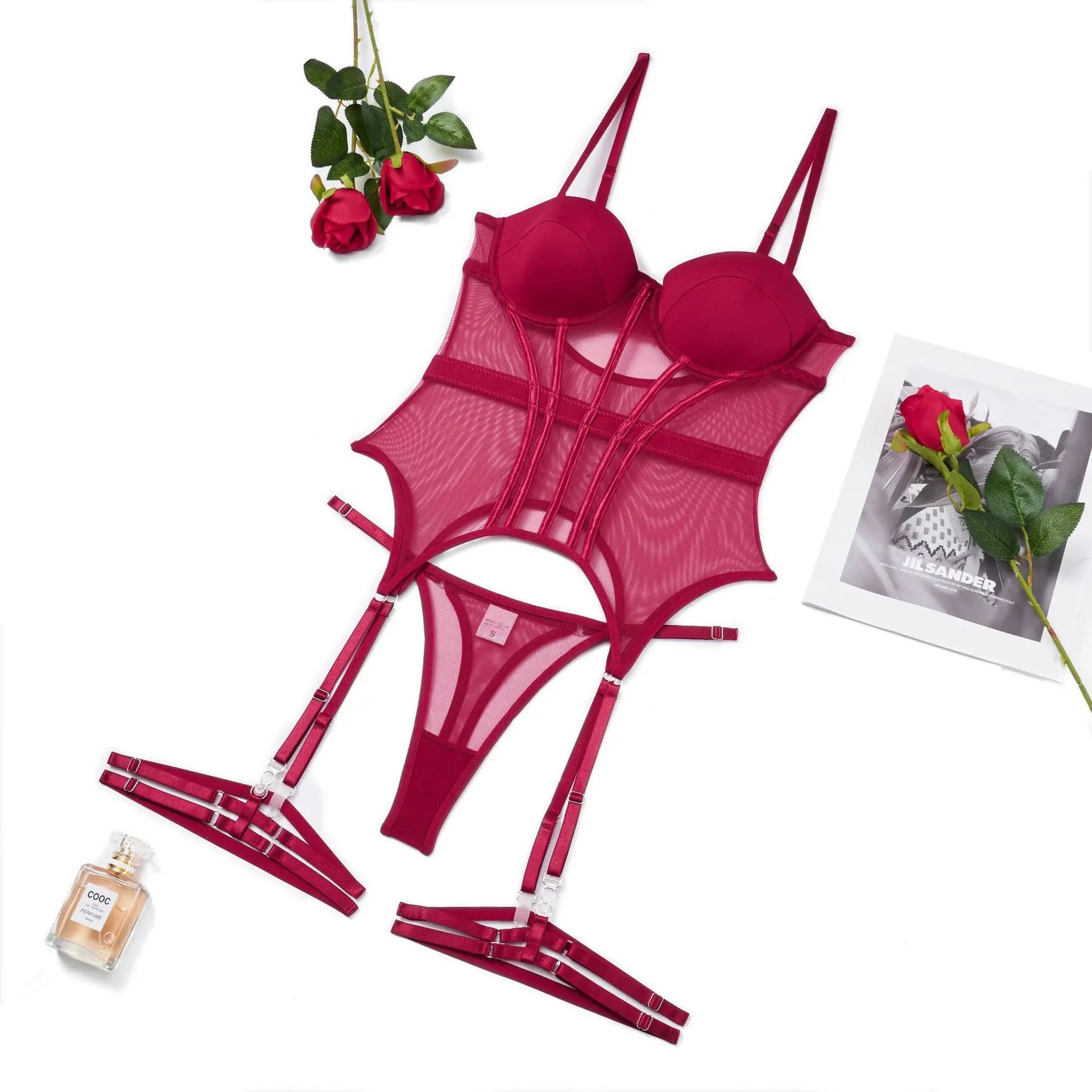 MUZISKAT Mesh Lingerie Luxury Brand Bodysuit Backless Tops for Women 3 Piece Lingerie Set with Garter Sexydresses for Women
