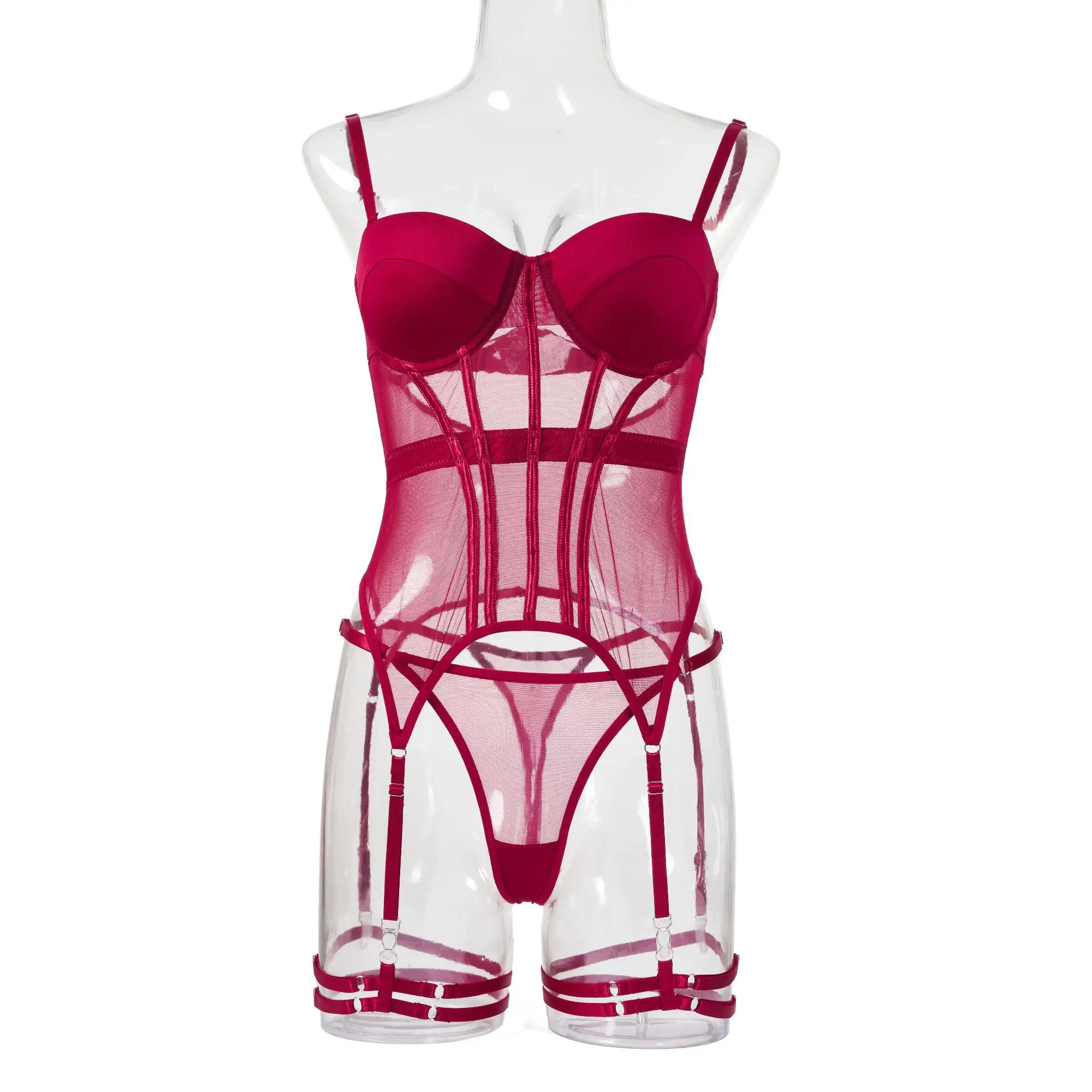 MUZISKAT Mesh Lingerie Luxury Brand Bodysuit Backless Tops for Women 3 Piece Lingerie Set with Garter Sexydresses for Women
