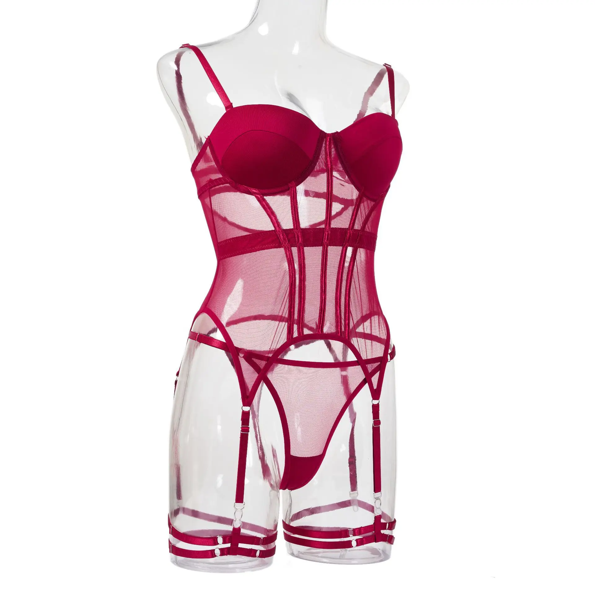 MUZISKAT Mesh Lingerie Luxury Brand Bodysuit Backless Tops for Women 3 Piece Lingerie Set with Garter Sexydresses for Women