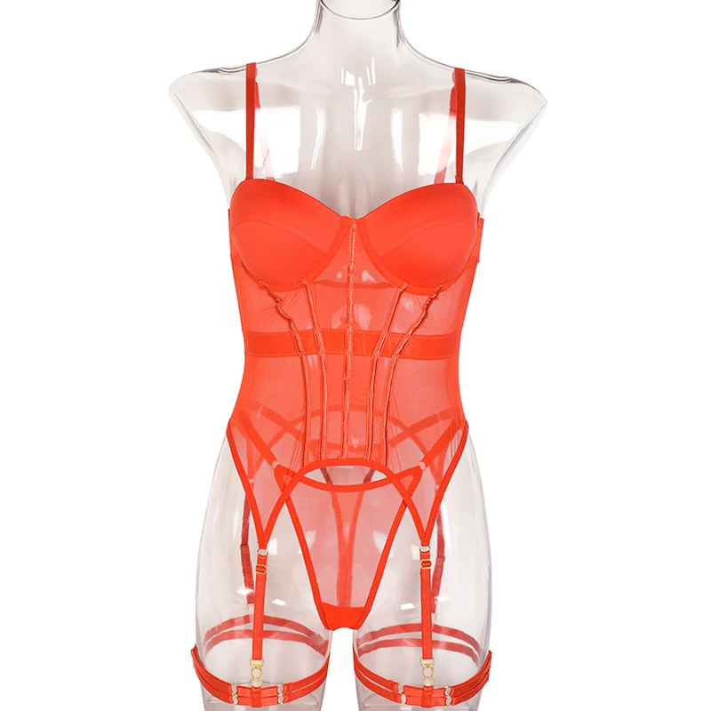 MUZISKAT Mesh Lingerie Luxury Brand Bodysuit Backless Tops for Women 3 Piece Lingerie Set with Garter Sexydresses for Women