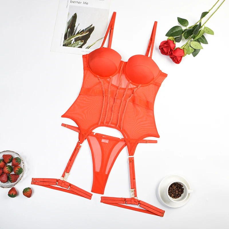 MUZISKAT Mesh Lingerie Luxury Brand Bodysuit Backless Tops for Women 3 Piece Lingerie Set with Garter Sexydresses for Women