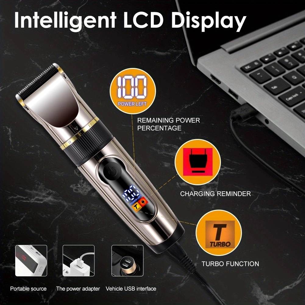 Professional Hair Clipper Ceramic Blade Male Hair Trimmer LED Display Haircut Machine USB Charging