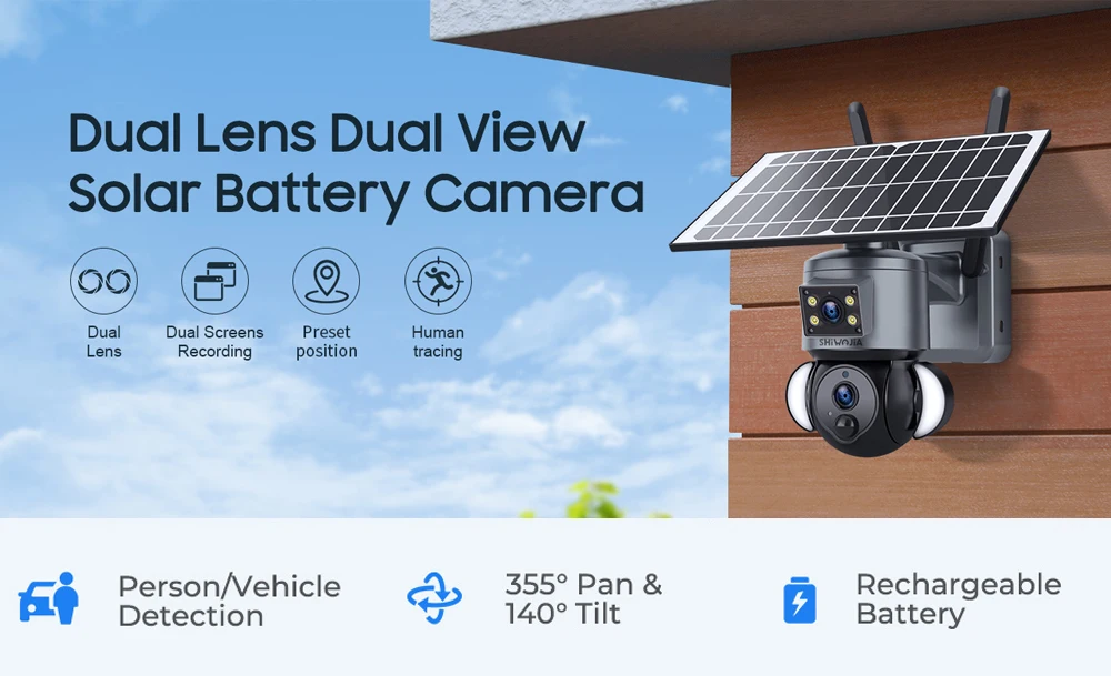 SHIWOJIA 4K 8MP Solar Camera 4G SIM/WIFI Security Outdoor Dual Lens Recording Humanoid Tracking Color Night Vision PTZ Cam