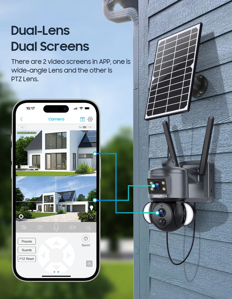 SHIWOJIA 4K 8MP Solar Camera 4G SIM/WIFI Security Outdoor Dual Lens Recording Humanoid Tracking Color Night Vision PTZ Cam
