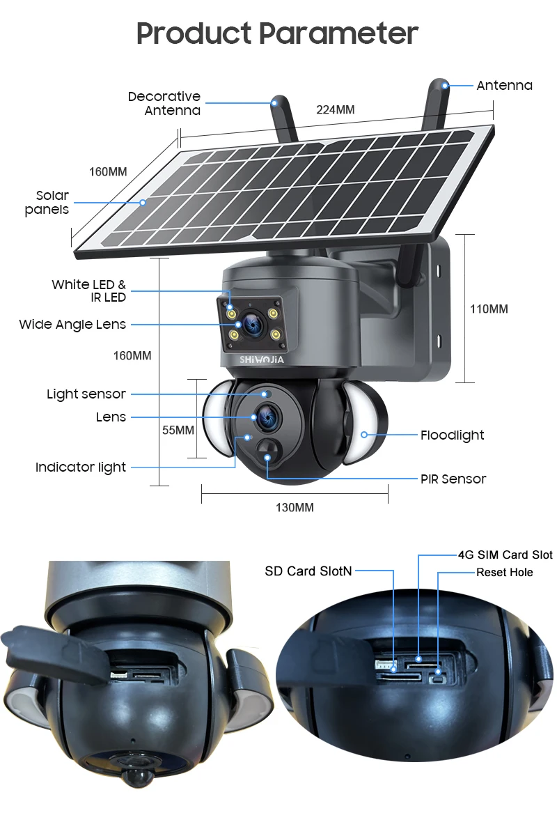 SHIWOJIA 4K 8MP Solar Camera 4G SIM/WIFI Security Outdoor Dual Lens Recording Humanoid Tracking Color Night Vision PTZ Cam