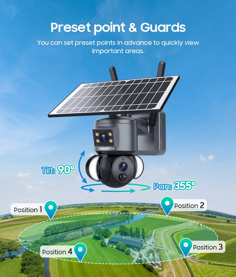 SHIWOJIA 4K 8MP Solar Camera 4G SIM/WIFI Security Outdoor Dual Lens Recording Humanoid Tracking Color Night Vision PTZ Cam