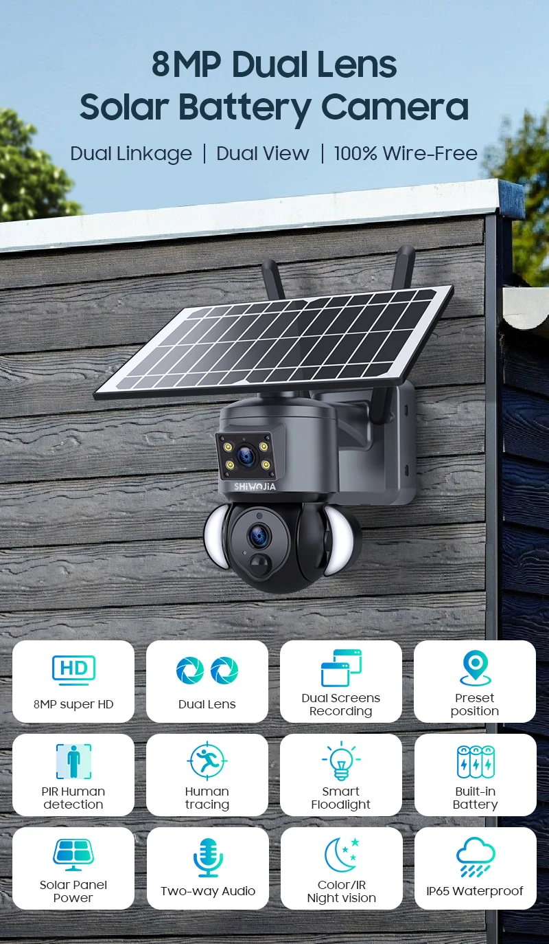 SHIWOJIA 4K 8MP Solar Camera 4G SIM/WIFI Security Outdoor Dual Lens Recording Humanoid Tracking Color Night Vision PTZ Cam