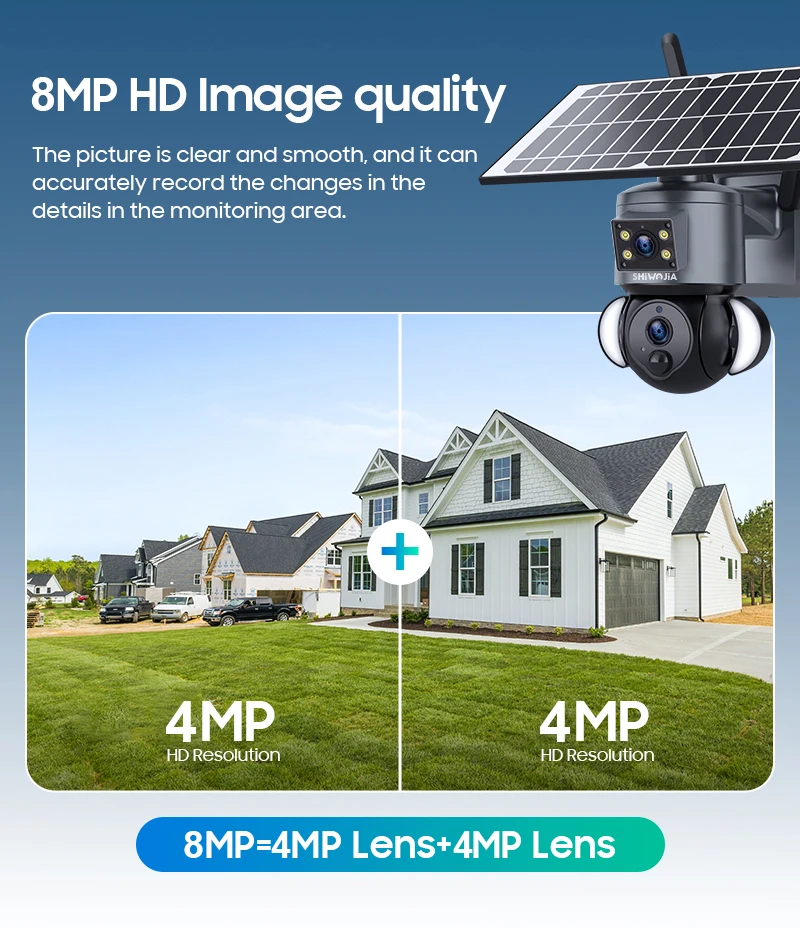 SHIWOJIA 4K 8MP Solar Camera 4G SIM/WIFI Security Outdoor Dual Lens Recording Humanoid Tracking Color Night Vision PTZ Cam