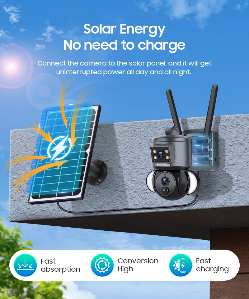 SHIWOJIA 4K 8MP Solar Camera 4G SIM/WIFI Security Outdoor Dual Lens Recording Humanoid Tracking Color Night Vision PTZ Cam