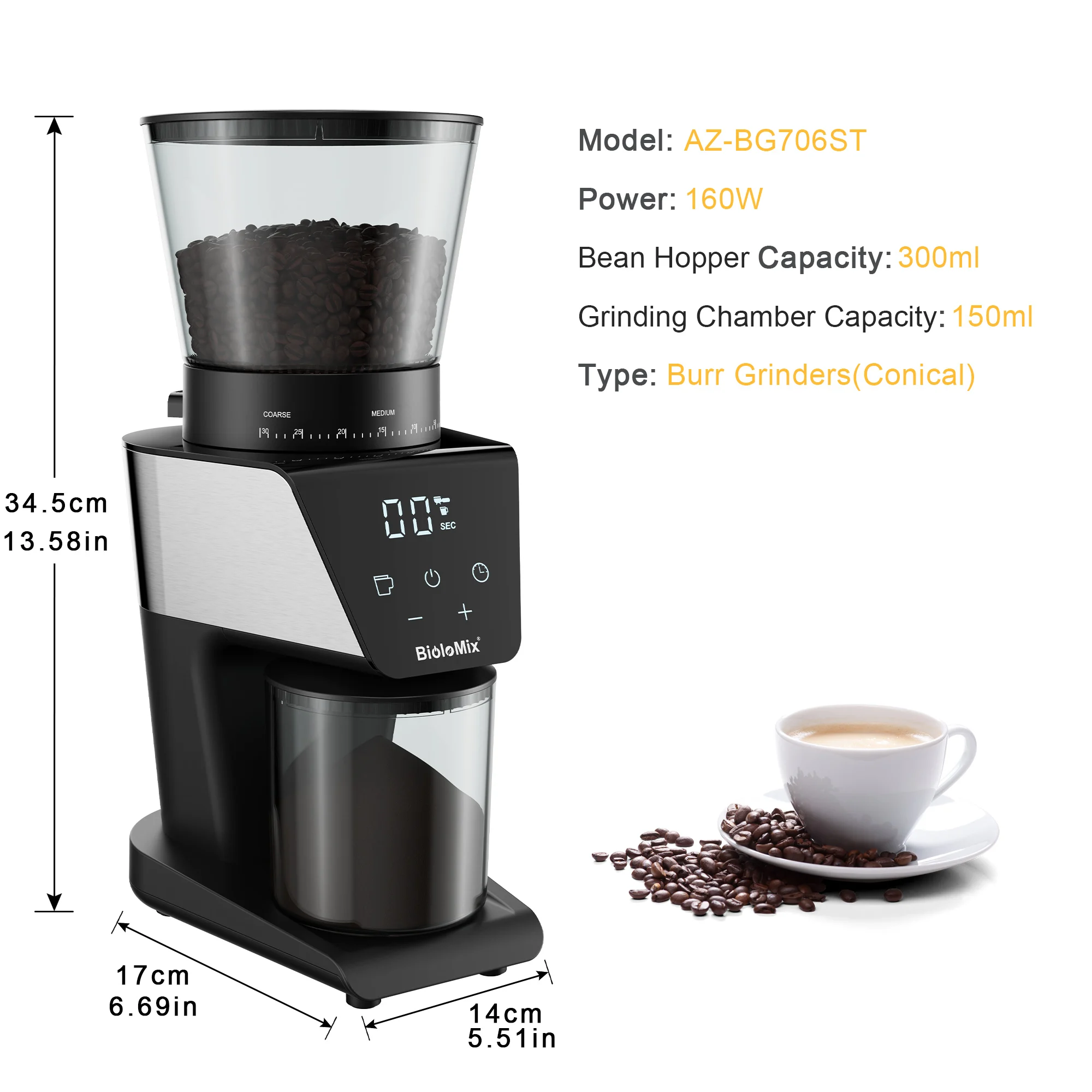 BioloMix Automatic Burr Mill Electric Coffee Grinder with 30 Gears for Espresso American Coffee Pour Over Visual Bean Storage