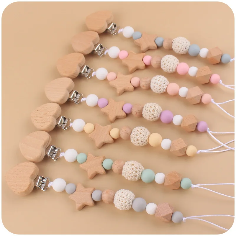 Baby Carve Custom Name Five Pointed Star Silicone Wooden Ring Pacifier Clip Crown Teething Chain Teether Clips for children Gift