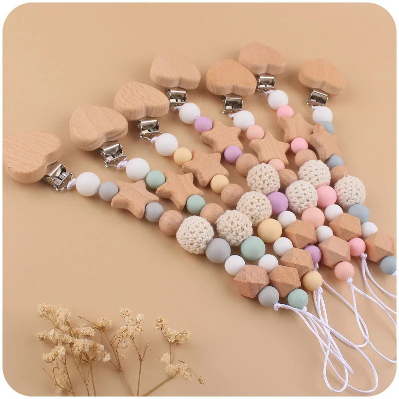 Baby Carve Custom Name Five Pointed Star Silicone Wooden Ring Pacifier Clip Crown Teething Chain Teether Clips for children Gift
