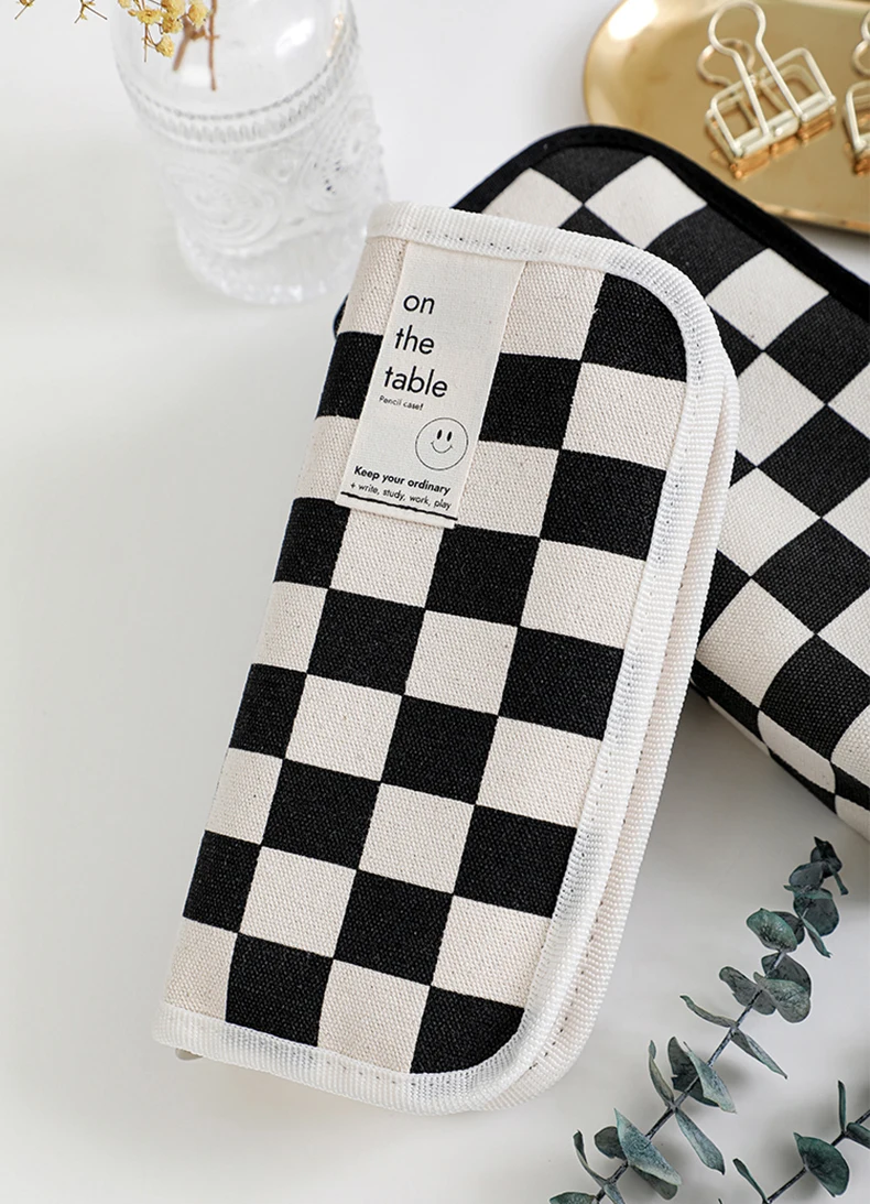 Simple Black and White Plaid Canvas Pencil Case School pencil case Kawaii Stationery Storage Bag aesthetic stationery