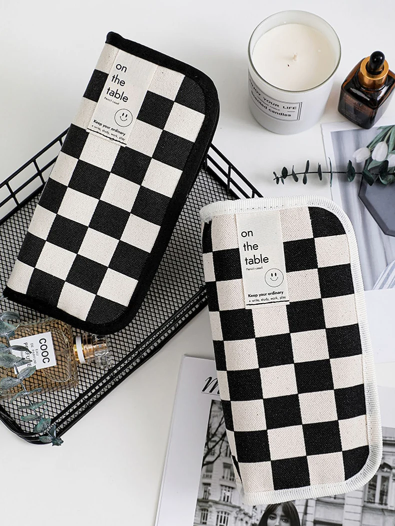 Simple Black and White Plaid Canvas Pencil Case School pencil case Kawaii Stationery Storage Bag aesthetic stationery