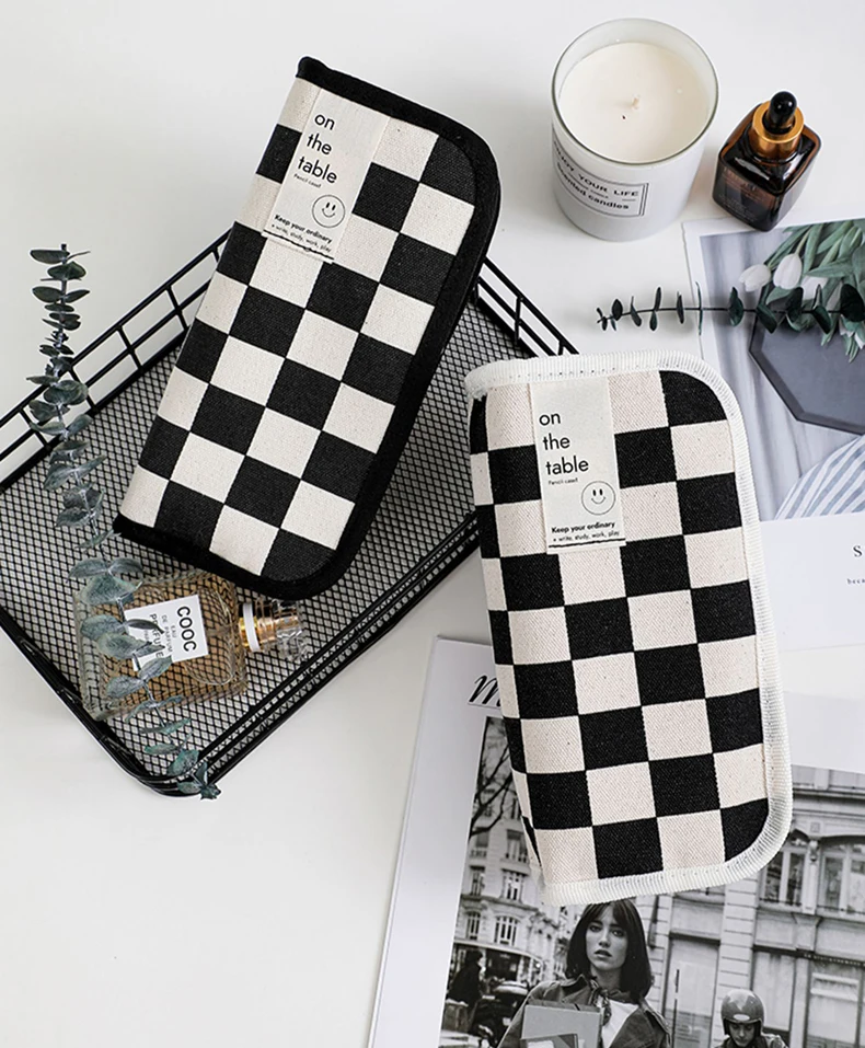 Simple Black and White Plaid Canvas Pencil Case School pencil case Kawaii Stationery Storage Bag aesthetic stationery