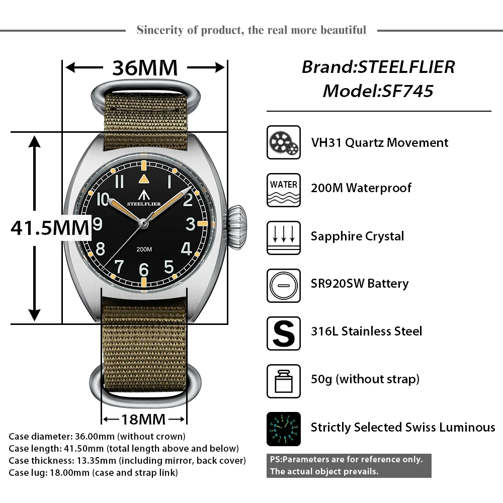 STEELFLIER Official 36MM Quartz Watch Luxury SF745 Swiss Luminous VH31 Mute Movement 20Bar Waterproof Unisex Fashion Dive Watch