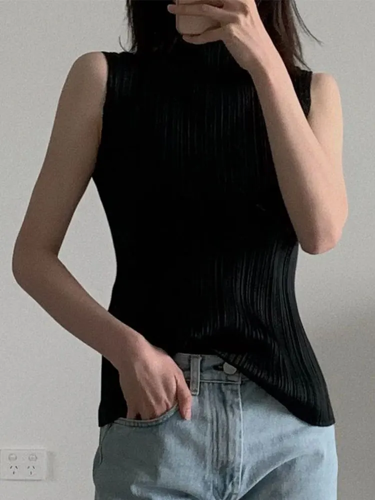 Miyake Pleated Elegant Fashion Temperament Solid Color Half High Neck Sleeveless Women's Vest 2026 Summer New Breathable Top