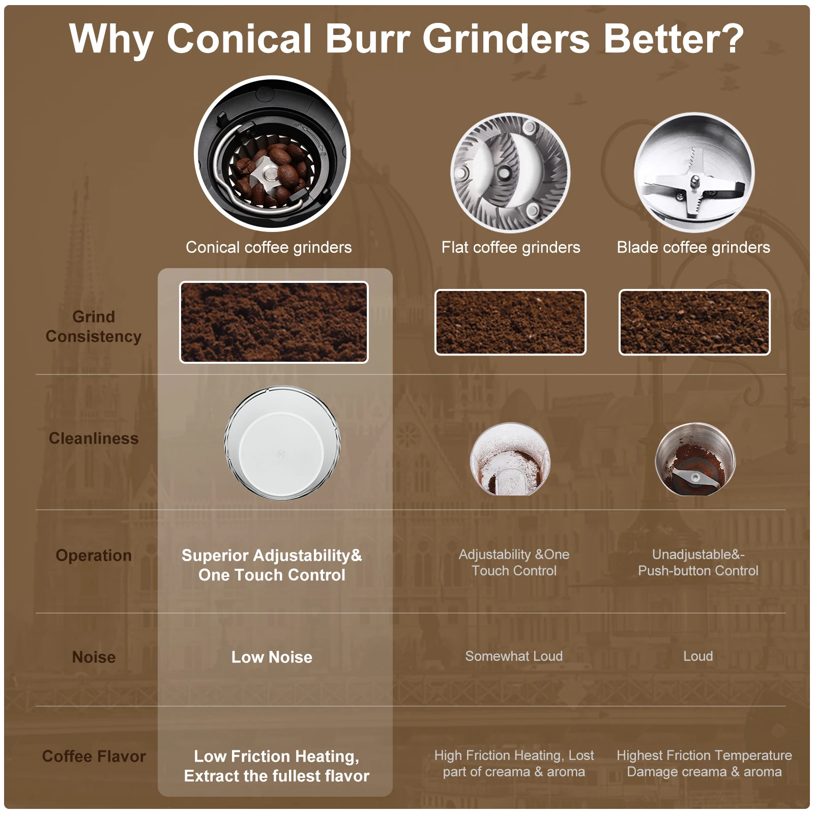 BioloMix Automatic Burr Mill Electric Coffee Grinder with 30 Gears for Espresso American Coffee Pour Over Visual Bean Storage